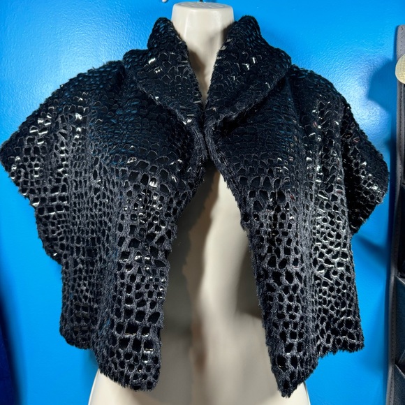 Faux Fur Black Bolero Formal Party Cover Up Small / Medium Shiny Animal Print - Picture 8 of 8